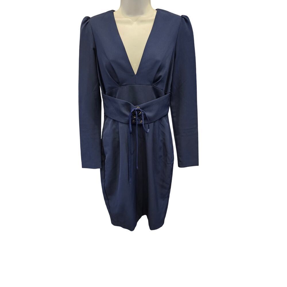 Alexia Admor Satin Corset Waist Satin Sheath Dress dark navy dress S business